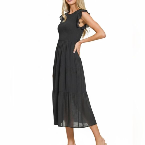 Zenana Women's Casual Woven Smocked Ruffle Sleeve Midi Dress in Dark Grey - Picture 3 of 3